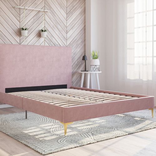 Pink-Rykkie-Velvet-Bed-Frame-with-Gold-Legs
