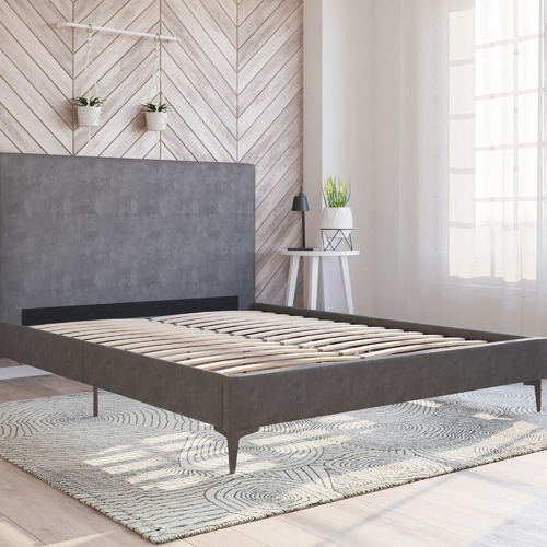 Grey-Rykkie-Velvet-Bed-Frame-with-Black-Legs