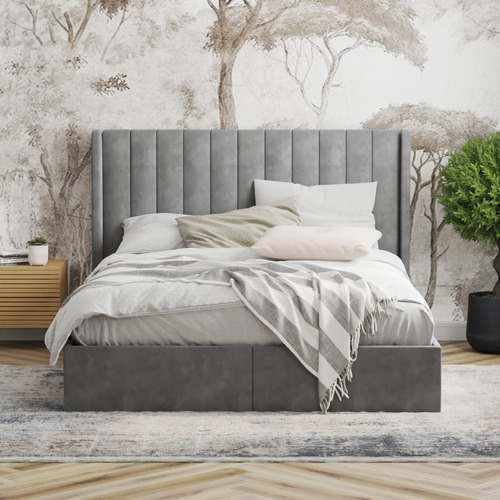 Grey Tulawie Velvet Bed with Drawers
