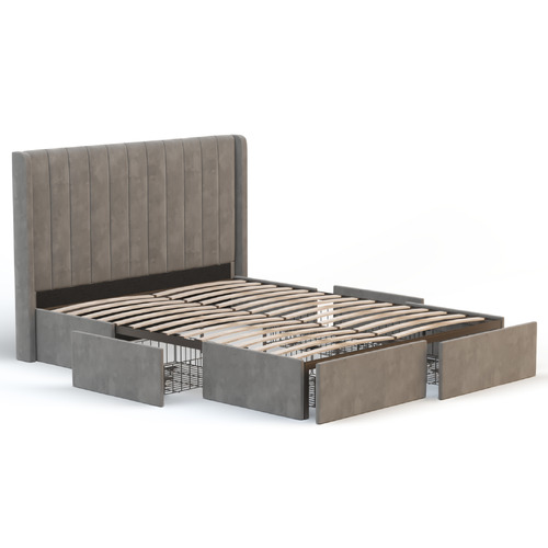 Grey Tulawie Velvet Bed with Drawers