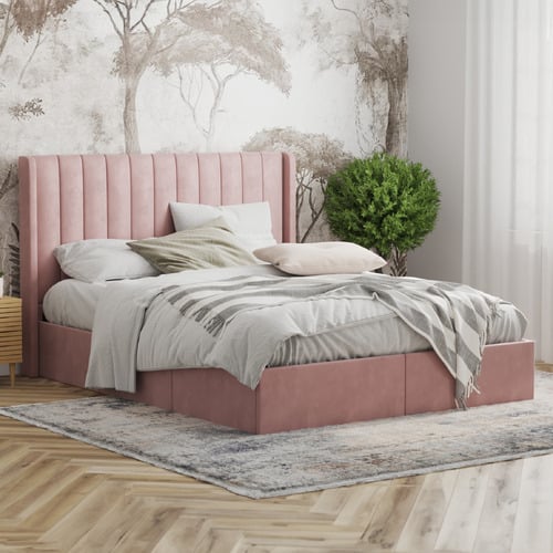 Pink Tulawie Velvet Bed with Drawers