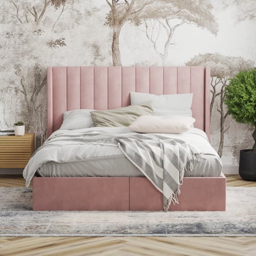 Pink Tulawie Velvet Bed with Drawers