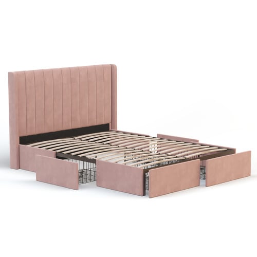 Pink Tulawie Velvet Bed with Drawers