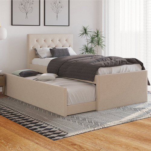 Beige Oxford King Single Bed with Trundle