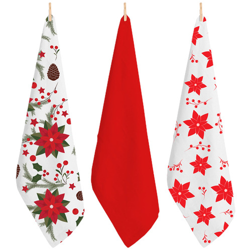 3 Piece Christmas Flowers Cotton Teatowel Set