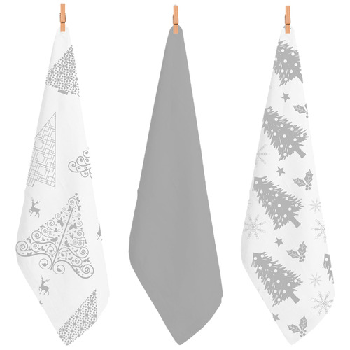 3 Piece Silver Christmas Tree Cotton Teatowel Set