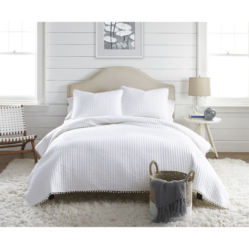 White Clavo Pom-Pom Cotton Coverlet Set