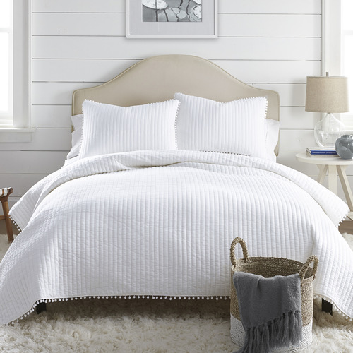 White Clavo Pom-Pom Cotton Coverlet Set