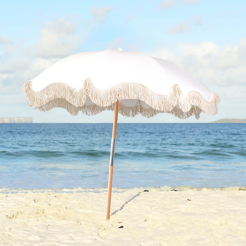 White Fringed Beach Umbrella