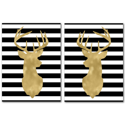 Deer Head right face Black White Stripe Canvas Wall Art Diptych by Amy