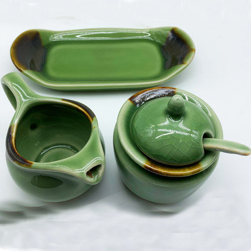 3 Piece Green & Brown Milk & Sugar Jar Set with Saucer