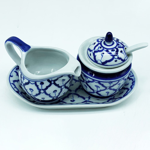 3 Piece Blue & White Milk & Sugar Jar Set with Saucer
