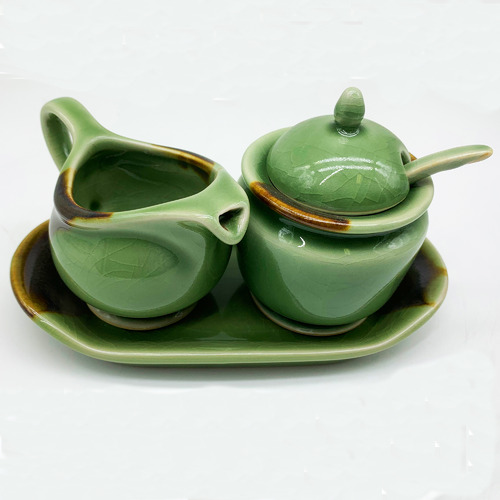 3 Piece Green & Brown Milk & Sugar Jar Set with Saucer