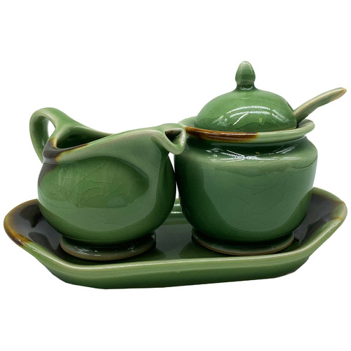 3 Piece Green & Brown Milk & Sugar Jar Set with Saucer