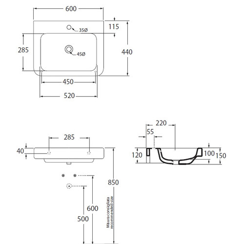 Tulip Wall Hung or Inset Basin No Tap Hole