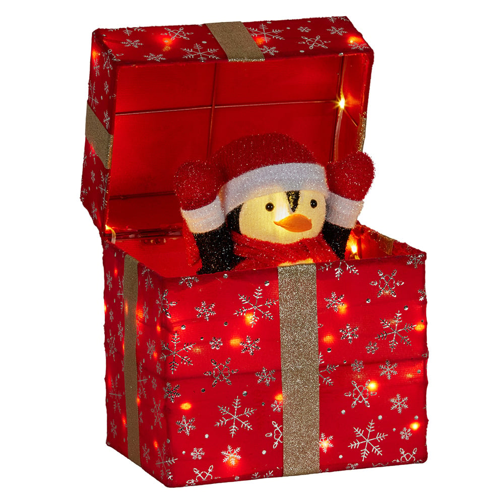 Caribou Penguin in a Gift Box LED Christmas Ornament