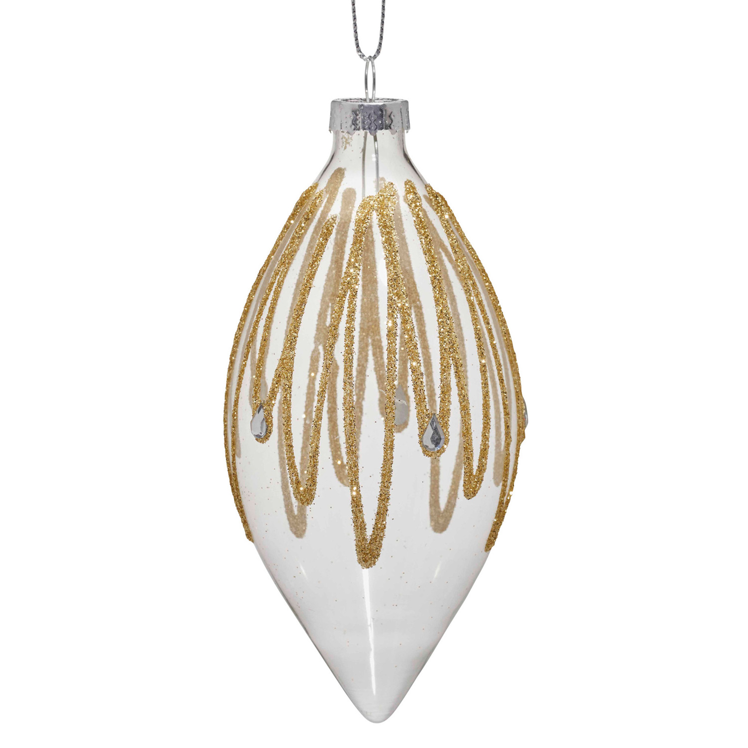 Gold Glitter & Jewels Teardrop Glass Hanging Ornament