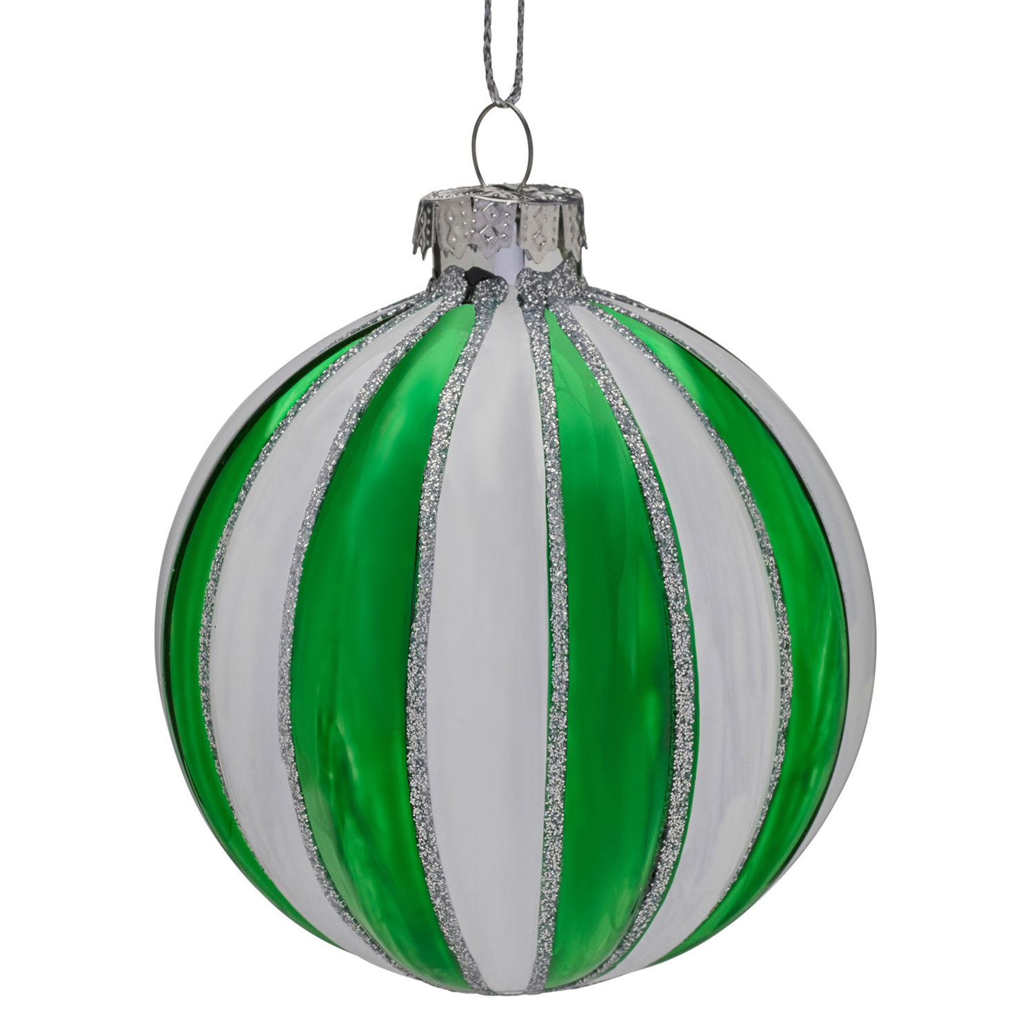 Green & White Stripe Glass Baubles