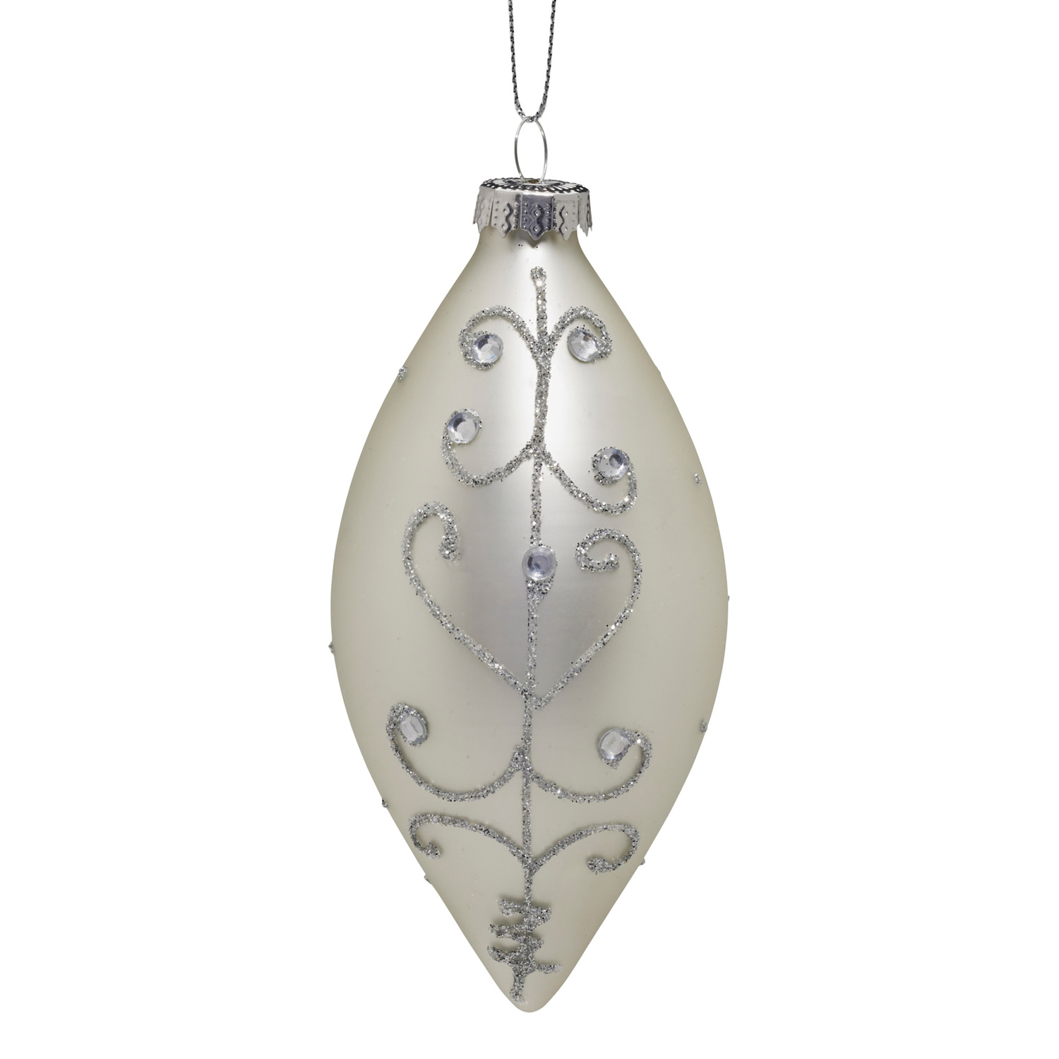 Silver Pattern & Jewels Teardrop Glass Hanging Ornament