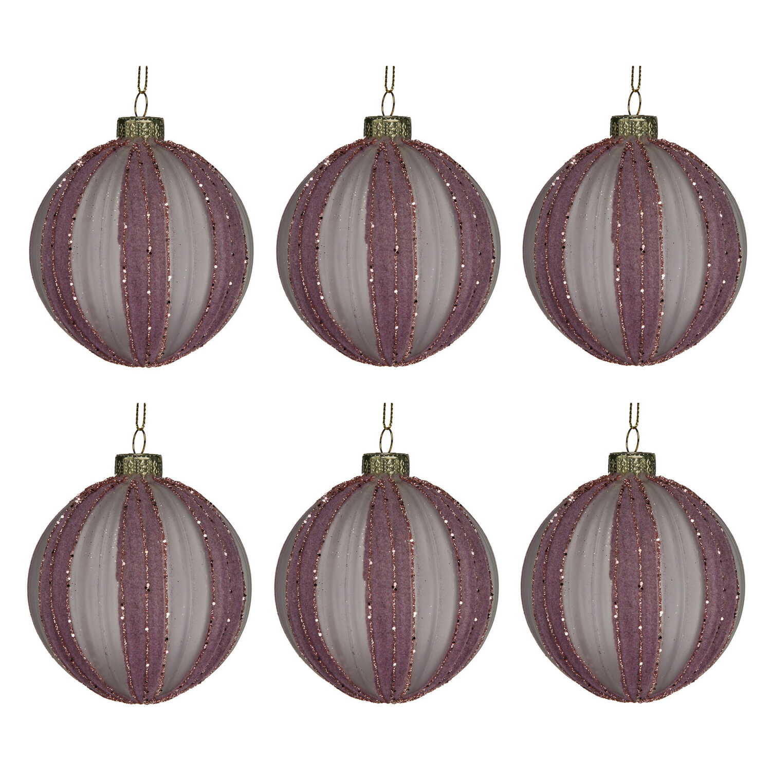 Dusty Pink Glittered Stripe Glass Baubles