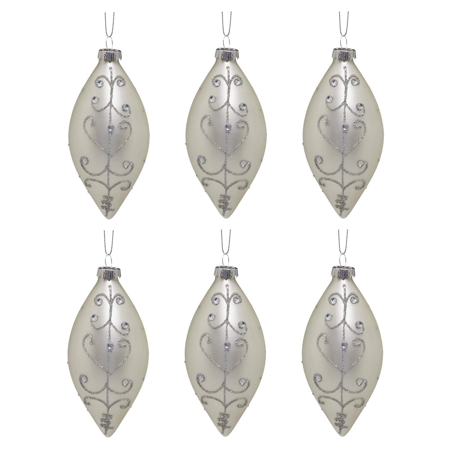 Silver Pattern & Jewels Teardrop Glass Hanging Ornament
