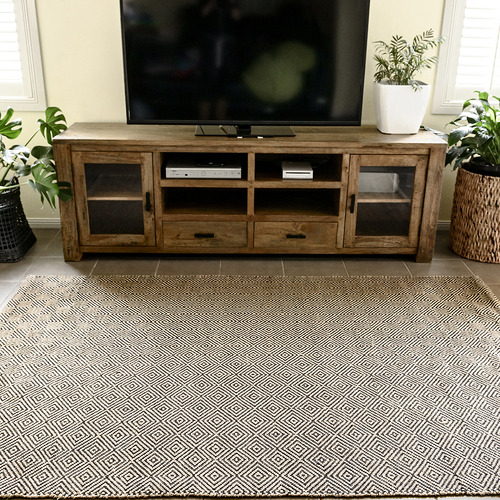 Black Rustic Diamond Flat Weave Cotton & Jute Rug
