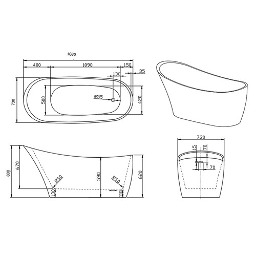 Perch 1680mm White Acrylic Freestanding Bath