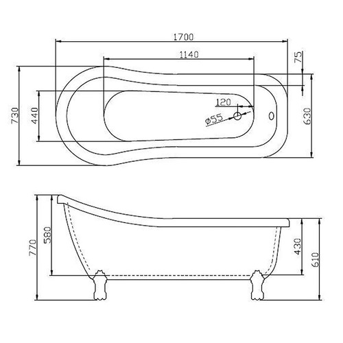 Nova 1700mm White Acrylic Clawfoot Bath