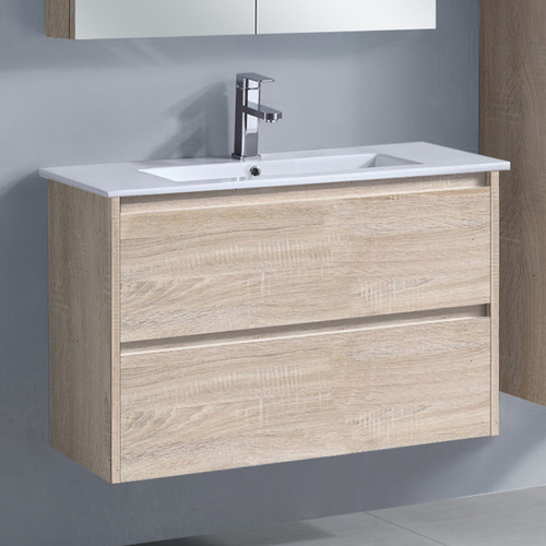 Evos 750mm Timber Oak Wall Hung Single Vanity with Ceramic Countertop