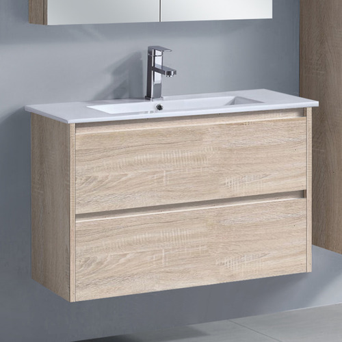 Evos 900mm Timber Oak Wall Hung Single Vanity with Ceramic Countertop