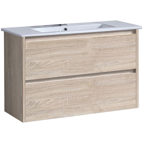 Evos 900mm Timber Oak Wall Hung Single Vanity with Ceramic Countertop