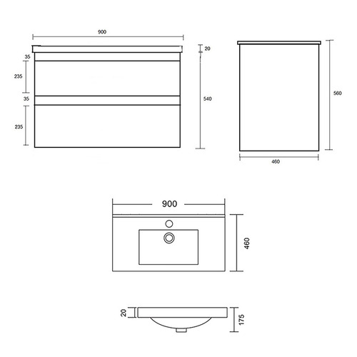 Evos 900mm Timber Oak Wall Hung Single Vanity with Ceramic Countertop