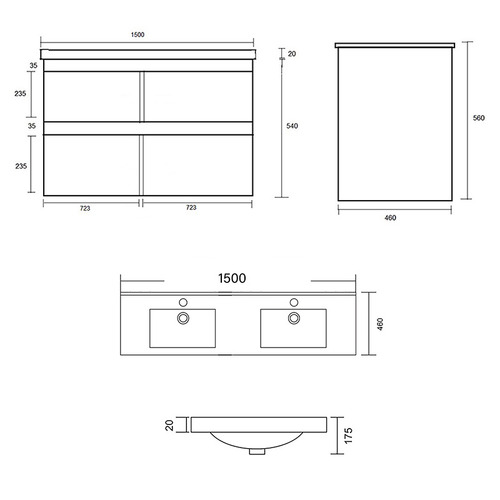 Evos 1500mm Timber Oak Wall Hung Double Vanity with Ceramic Countertop