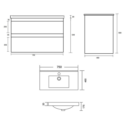 Evos 750mm Timber Oak Wall Hung Single Vanity with Ceramic Countertop