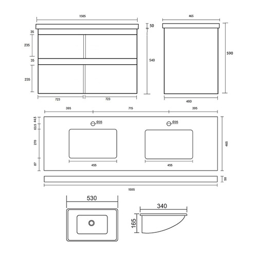 Evos 1500mm Oak Wall Hung Integrated Double Vanity with Stone Countertop