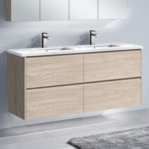 Evos 1500mm Oak Wall Hung Integrated Double Vanity with Stone Countertop