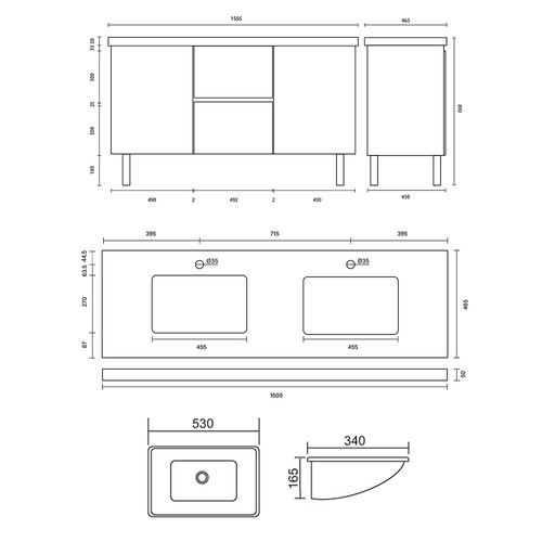 Vitrus 1500mm Oak Freestanding Integrated Double Vanity with Stone Countertop