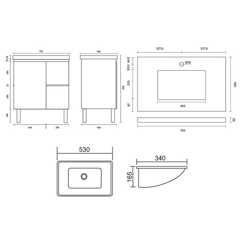 Vitrus 750mm Oak Freestanding Integrated Single Vanity with Stone Countertop