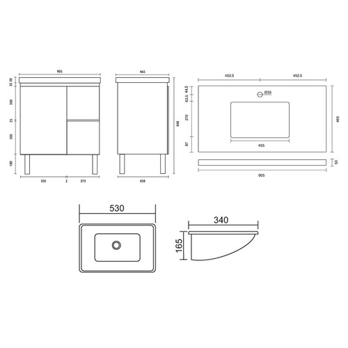 Vitrus 900mm Oak Freestanding Integrated Single Vanity with Stone Countertop