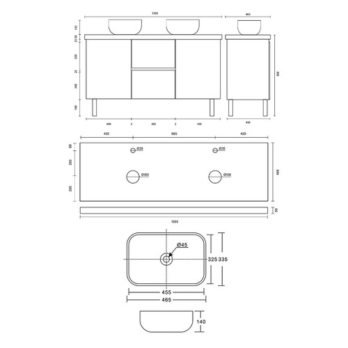 Vitrus 1500mm Oak Freestanding Double Vanity with Stone Countertop