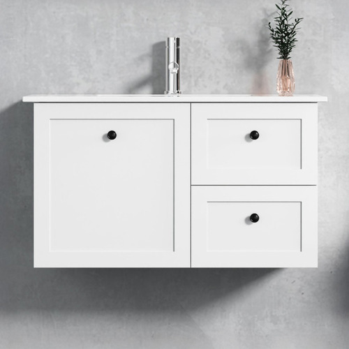 Whitby 900mm White Wall Hung Single Vanity with Ceramic Countertop
