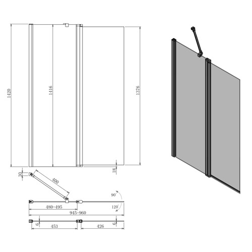 Tallow 960 x 1420mm Chrome Semi-frameless Bath Shower Screen