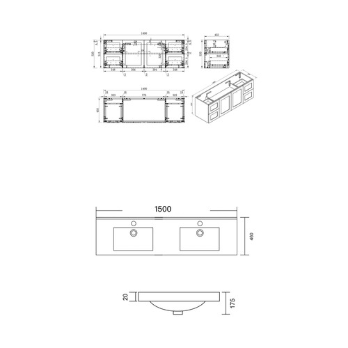 Whitby 1500mm White Wall Hung Double Vanity with Ceramic Countertop