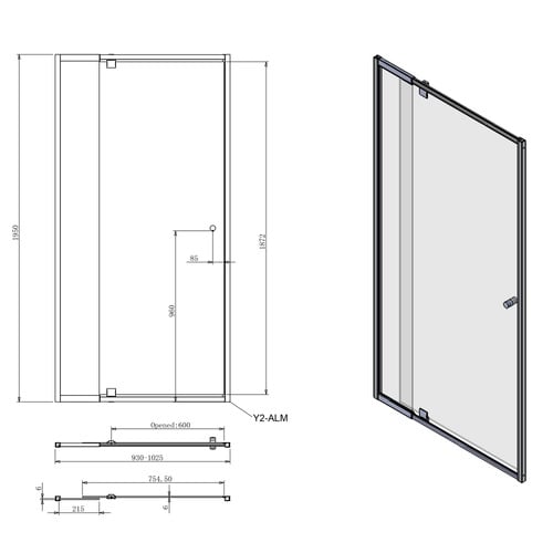 Fairford 1025 x 1950mm Chrome Semi-framed Shower Screen Front