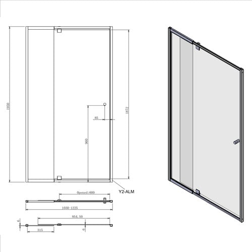 Fairford 925 x 1950mm Chrome Semi-framed Shower Screen Front