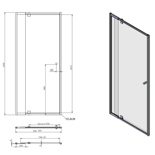 Fairford 925 x 1950mm Chrome Semi-framed Shower Screen Front