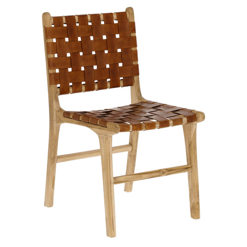 Linea Furniture Bowler Teak Wood, Leather Strapping Dining Chair Teak Tantra