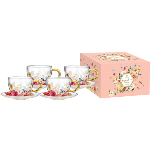 Springtime Soiree 300ml Glass Double Walled Cups & Saucers