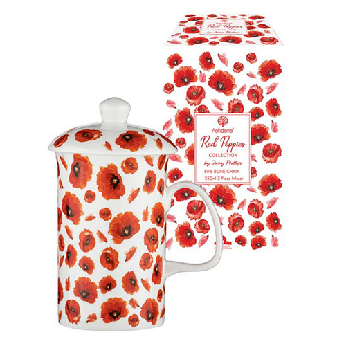 3 Piece Red Poppies 350ml Mug & Infuser Set