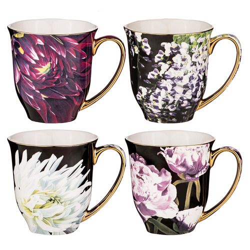 4 Piece Dark Florals 380ml New Bone China Mug Set